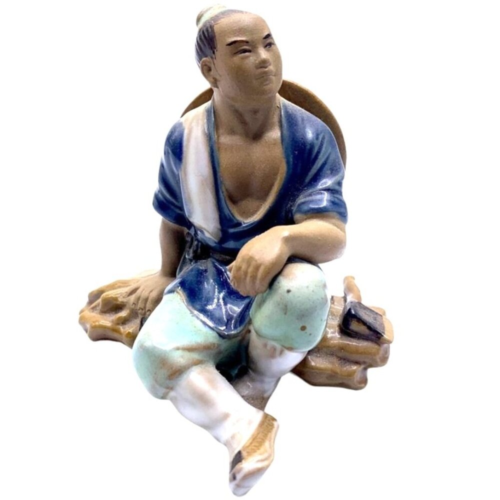 Vintage Mudmen Chinese Man Seated Wood Logs Hat On Back Axe Blue Top Knot Shiwan